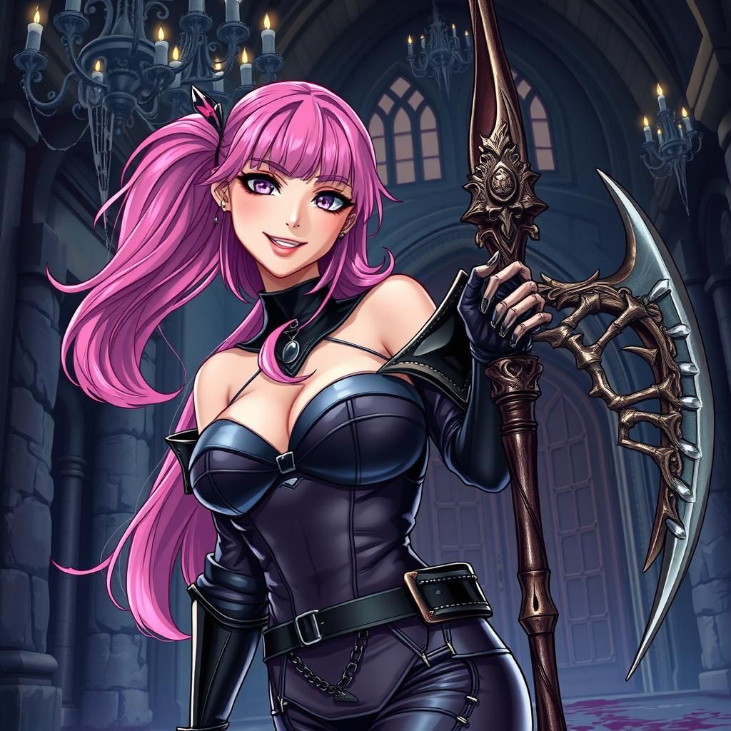 Pink-Haired Reaper in Eerie Castle, Manga Style