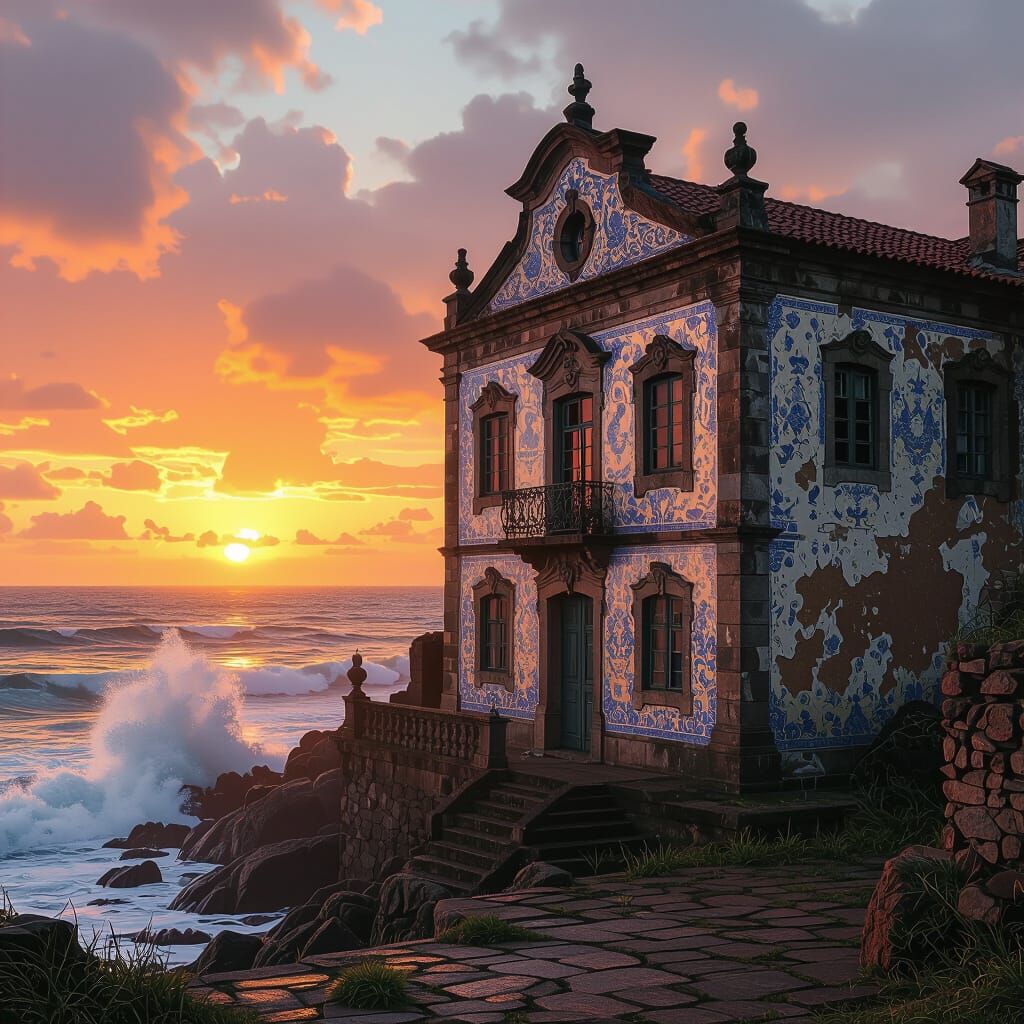 Sunset Silhouette: Crumbling Mansion in Hyperrealism Style