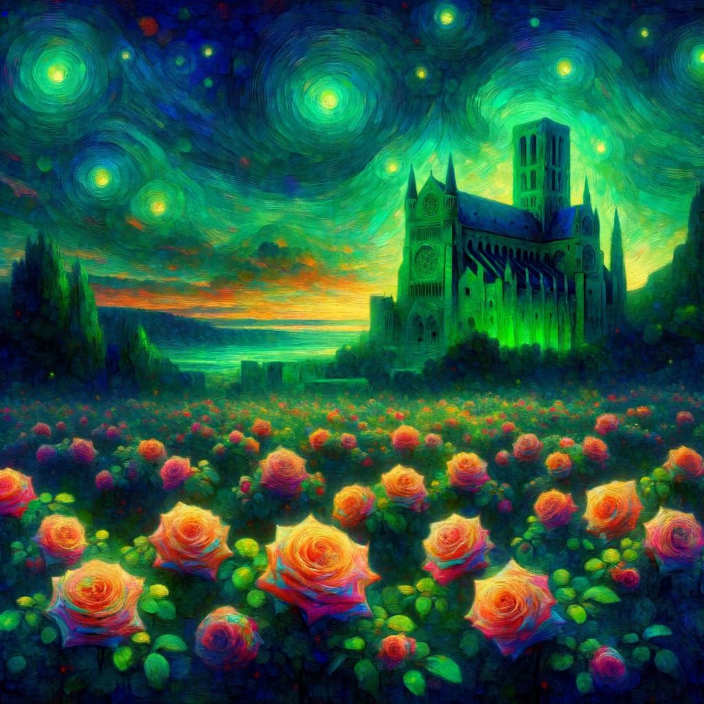 Emerald Twilight Over Castle Grounds in Impressionist Style
