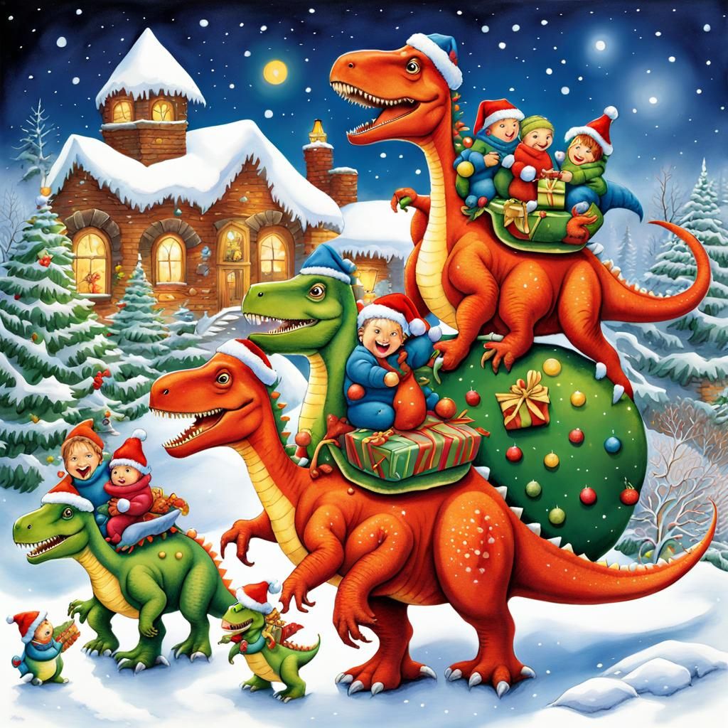 Whimsical Dinosaur Family Christmas in Winter Wonderland
