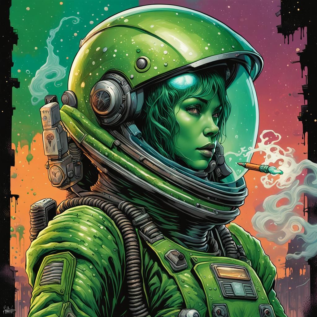 Green Martian Alien in Spacesuit, Comic Book Art