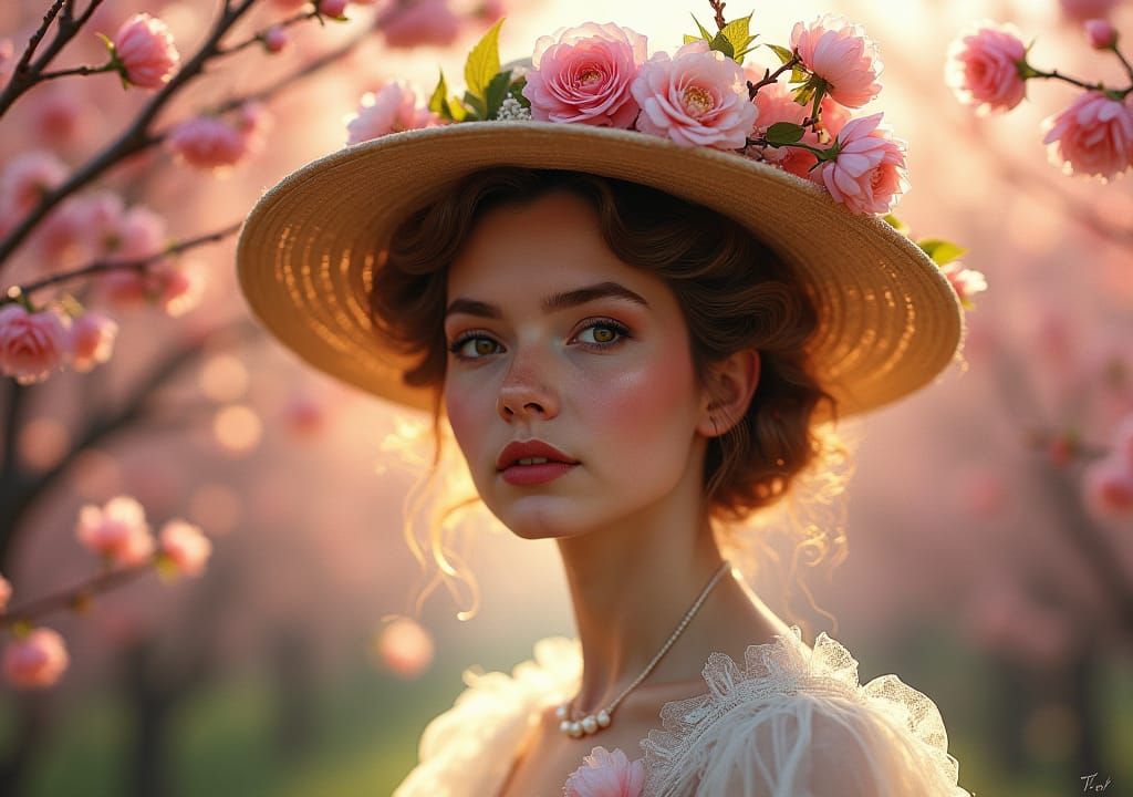 Victorian Lady Amidst Cherry Blossoms, Oil Painting
