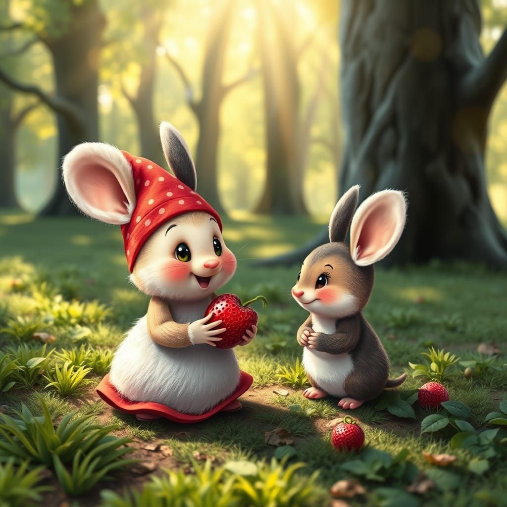 Cute and Curious Field Mouse Sniffs Red Strawberry in Whimsi...