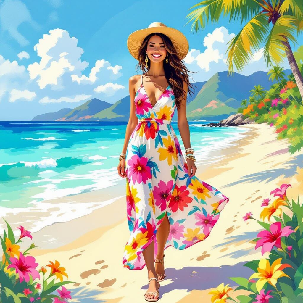 Young Woman in Floral Maxi Dress on Tropical Beach