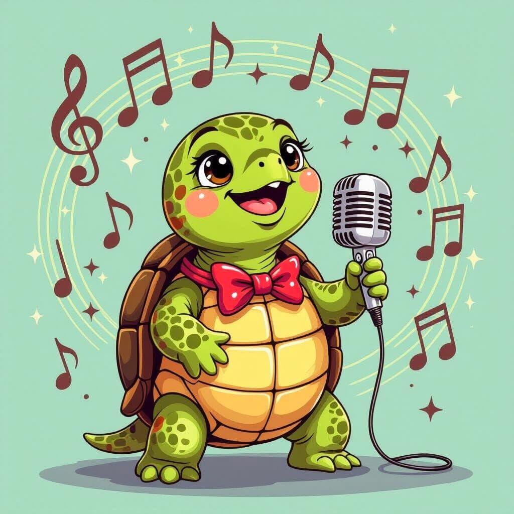 Cute Turtle Sings with Microphone and Music Notes