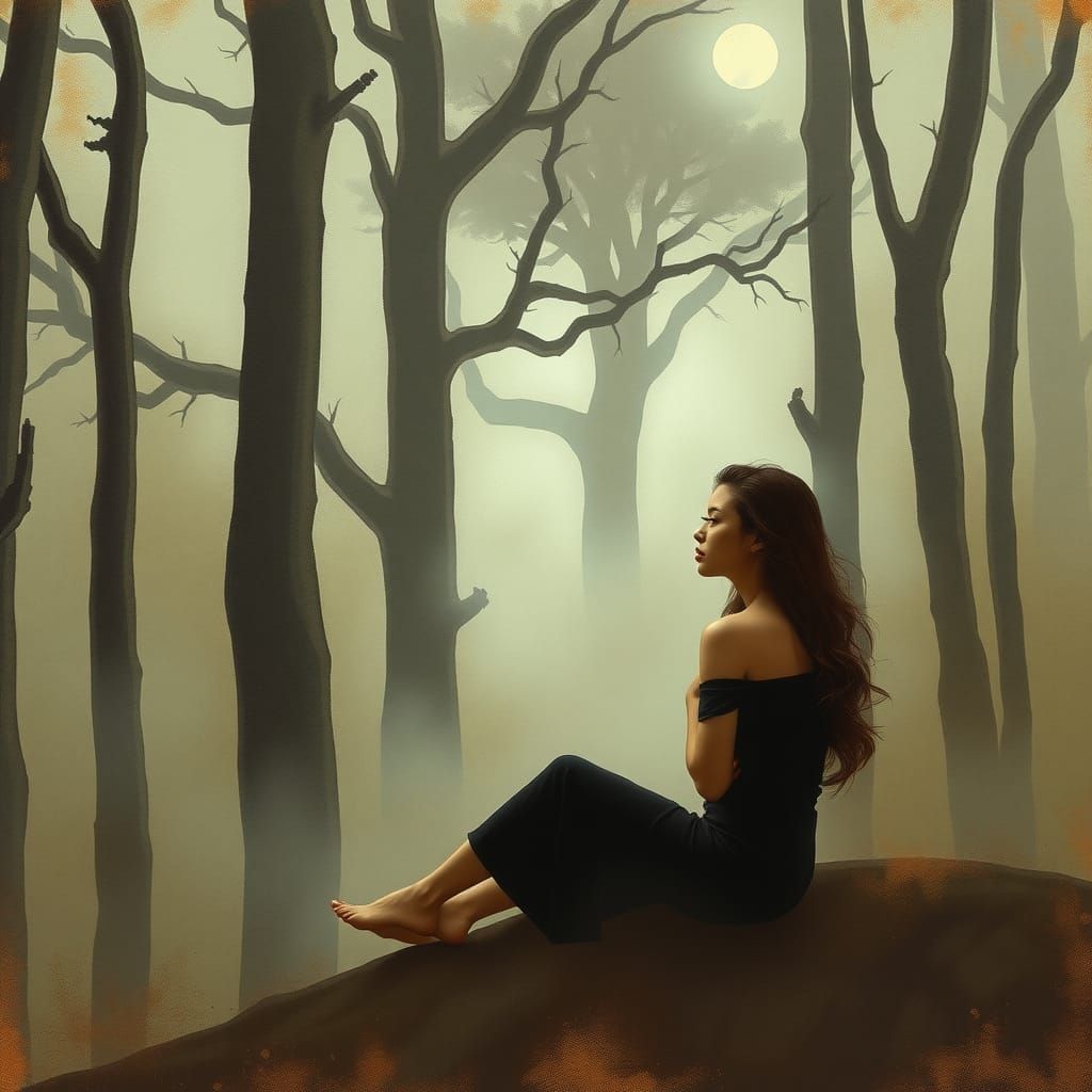 Introspective Woman in Forest Glade: Dreamy Art