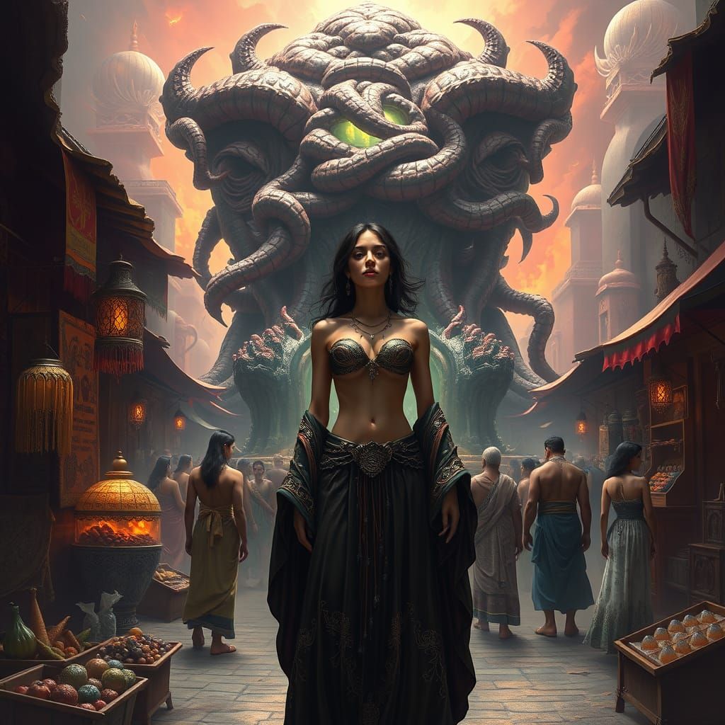 Woman in Market with Slime Throne, Dark Fantasy Art