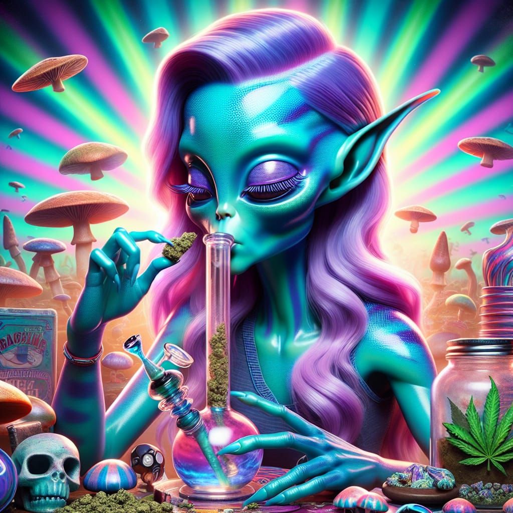 Turquoise Alien Woman Smoking Weed: 3D Animation
