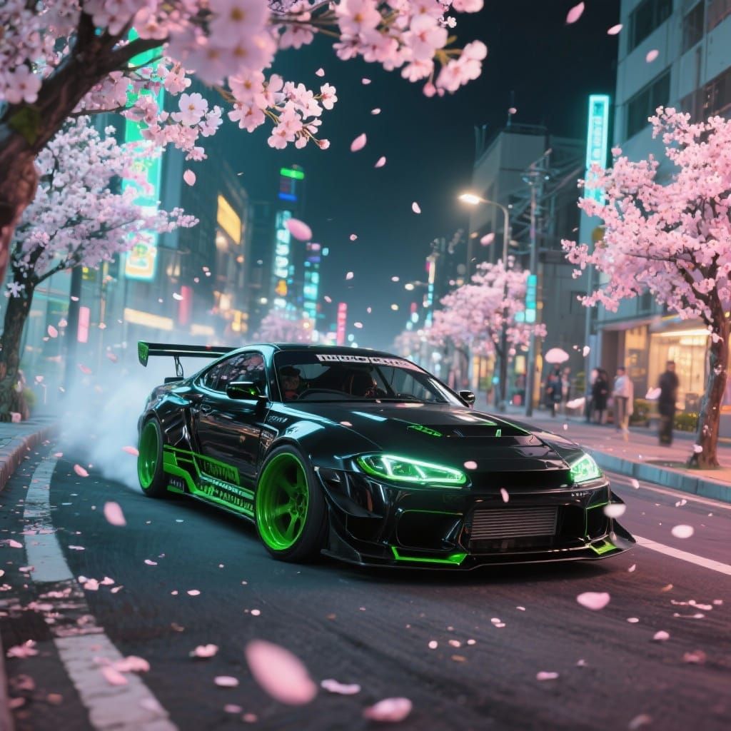 Black and Green Drift Car in Neon Japanese Street
