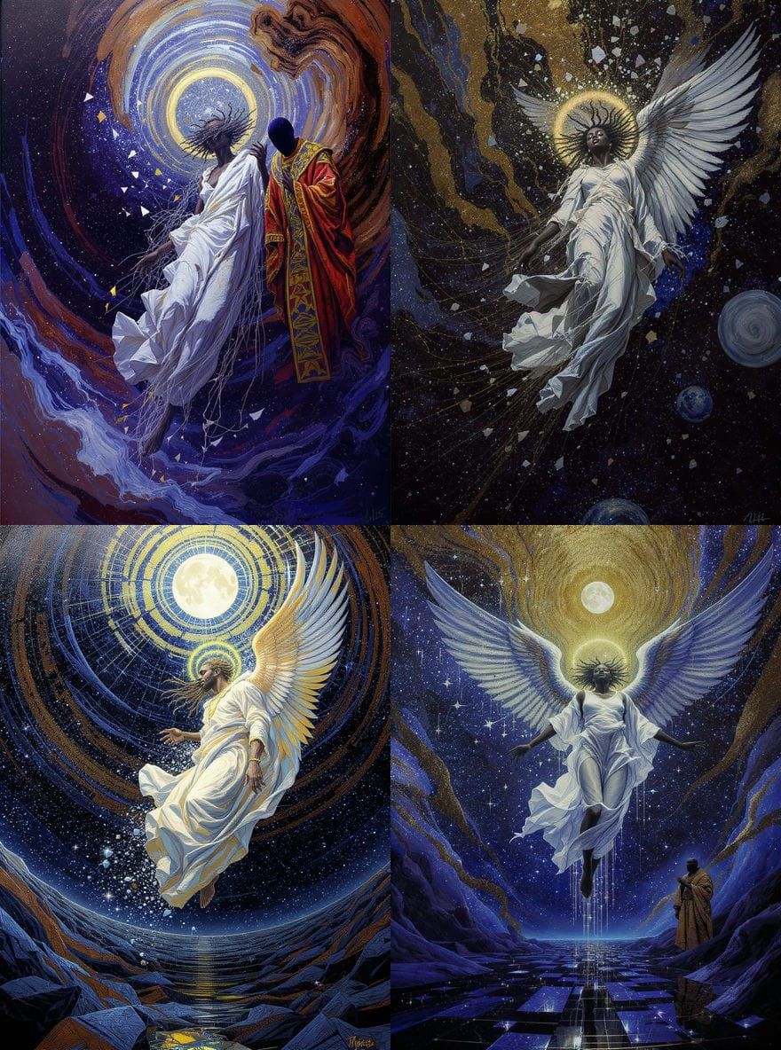 An ethereal African American angelic figure, stripped of wings, falling through a vast cosmic abyss streaked with molten...