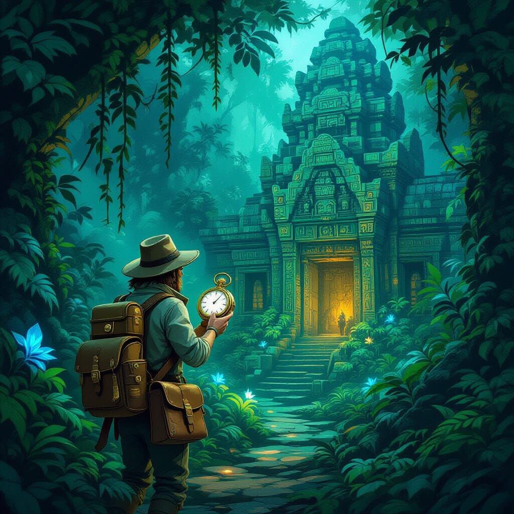 Explorer in Bioluminescent Jungle Leading to Hidden Temple