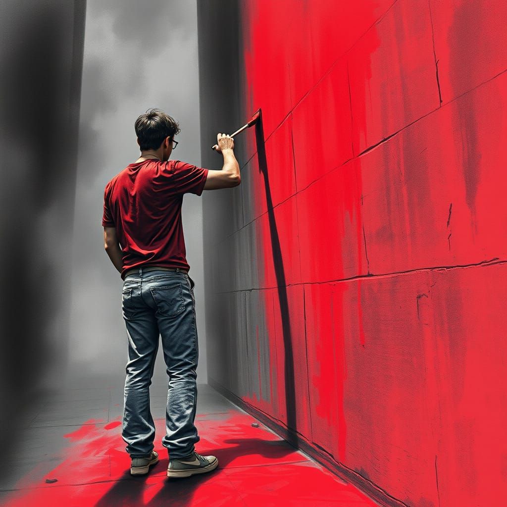 Gritty Cityscape Painting in Neon Red