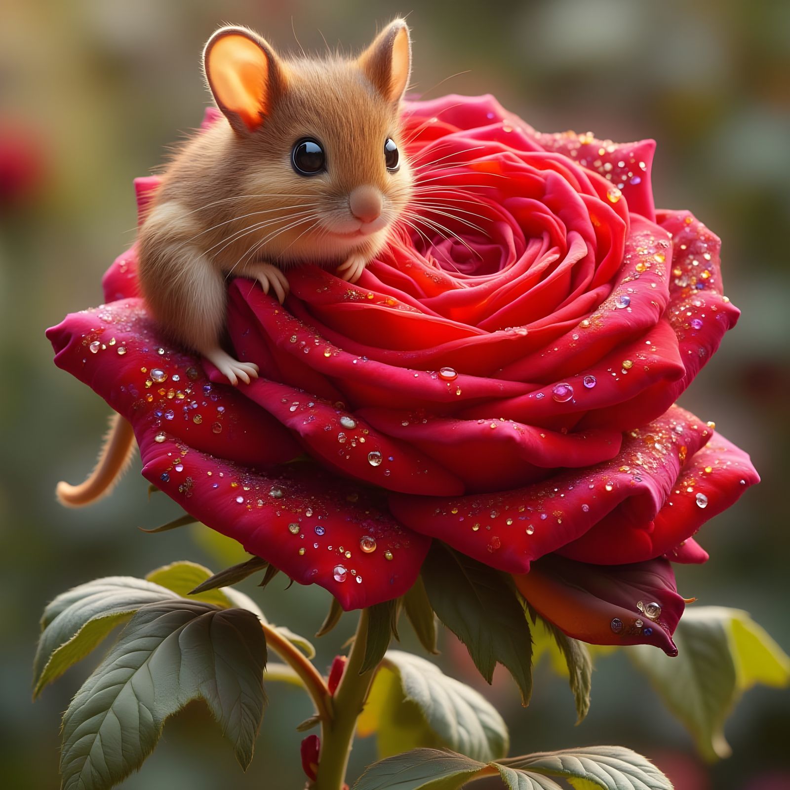 Mouse Resting on a Vibrant Rose in Crazy Quilt Style