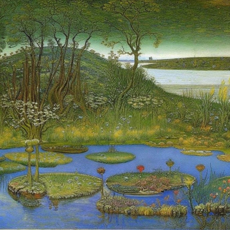 Wildflower Garden with Runes in Pre-Raphaelite Style