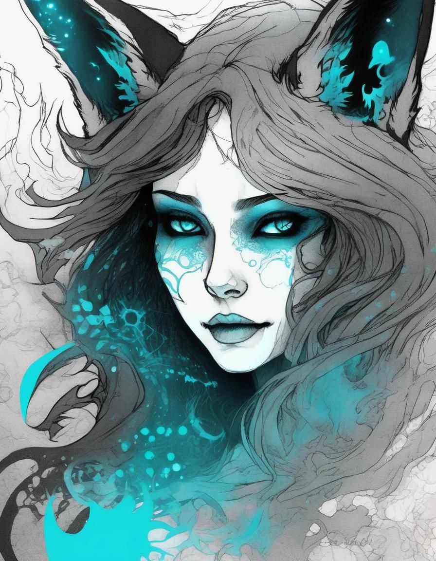 Mythic Fox Girl Portrait in Japanese Ink Art