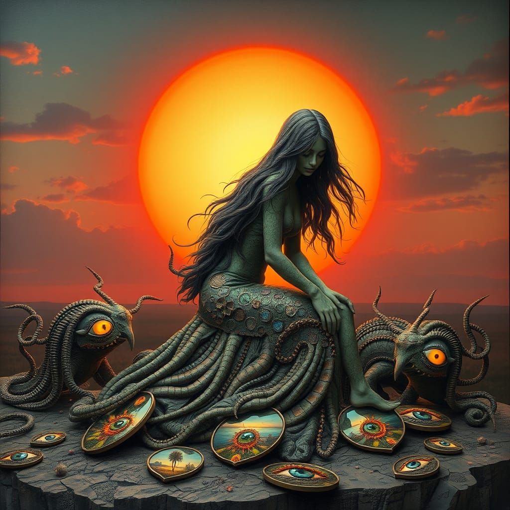 Surreal Sculpture of Woman at Sunset, Bio Art Collage