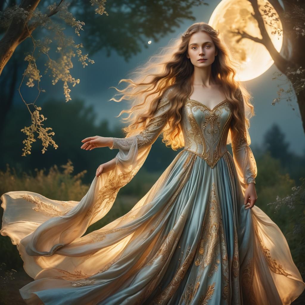 Ethereal Woman in Enchanted Moonlight: Renaissance Fantasy P...