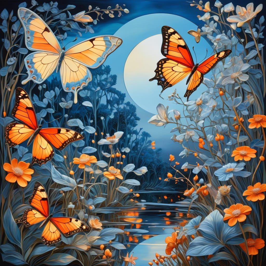 Giant Butterflies and Moths in Surrealist Garden