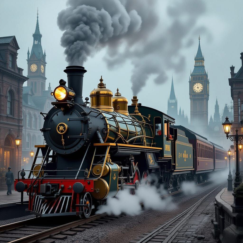 Steampunk Locomotive in Misty Victorian Cityscape
