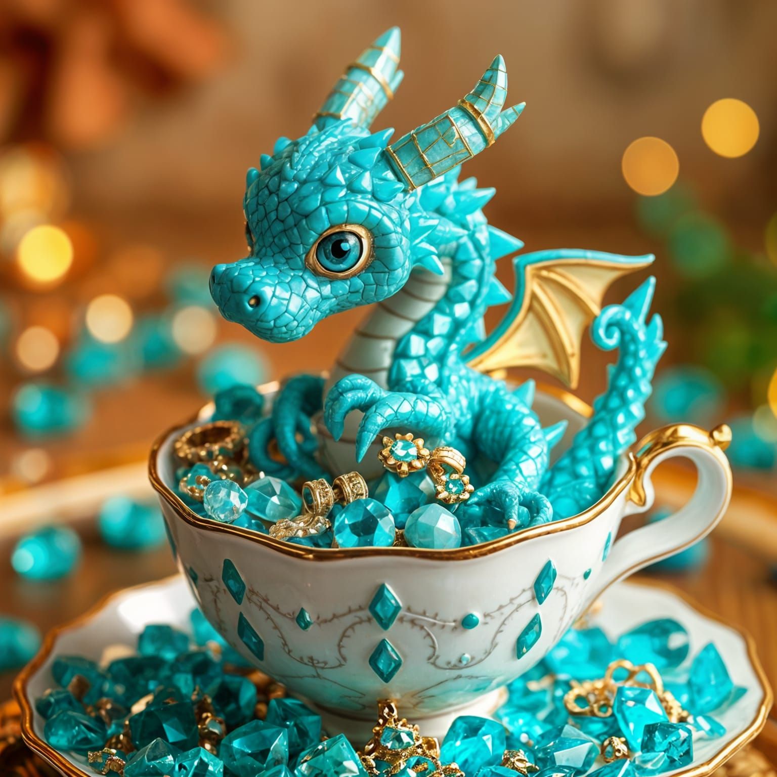 Baby Turquoise Dragon in Teacup of Gems