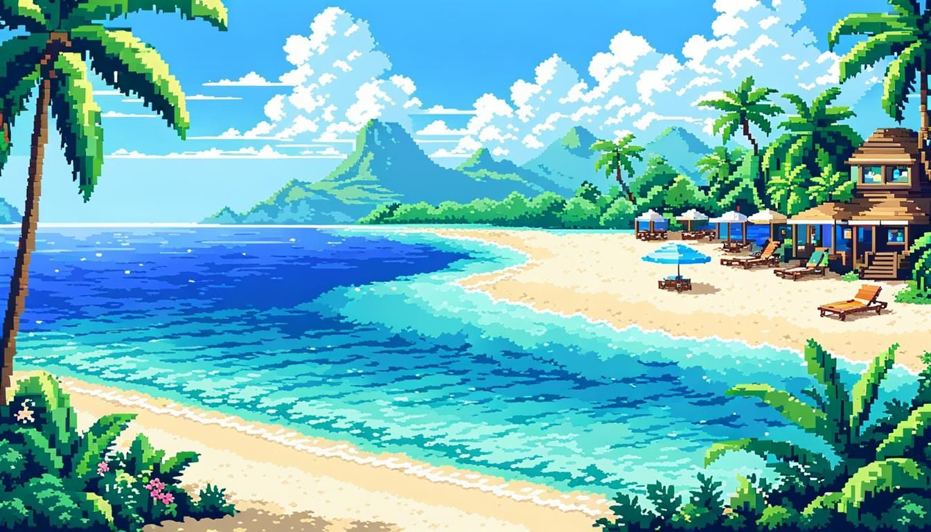 view of a beautiful paradise beach in pixel art style, 8-bit...