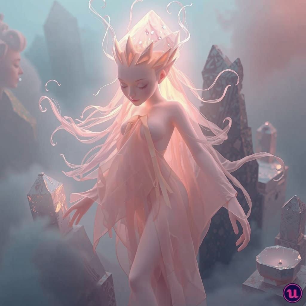 Ethereal Pink Spirit in Whimsical Artistic Style