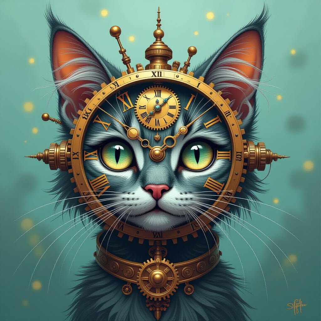 Steampunk Cat with Clockwork Face and Golden Gears