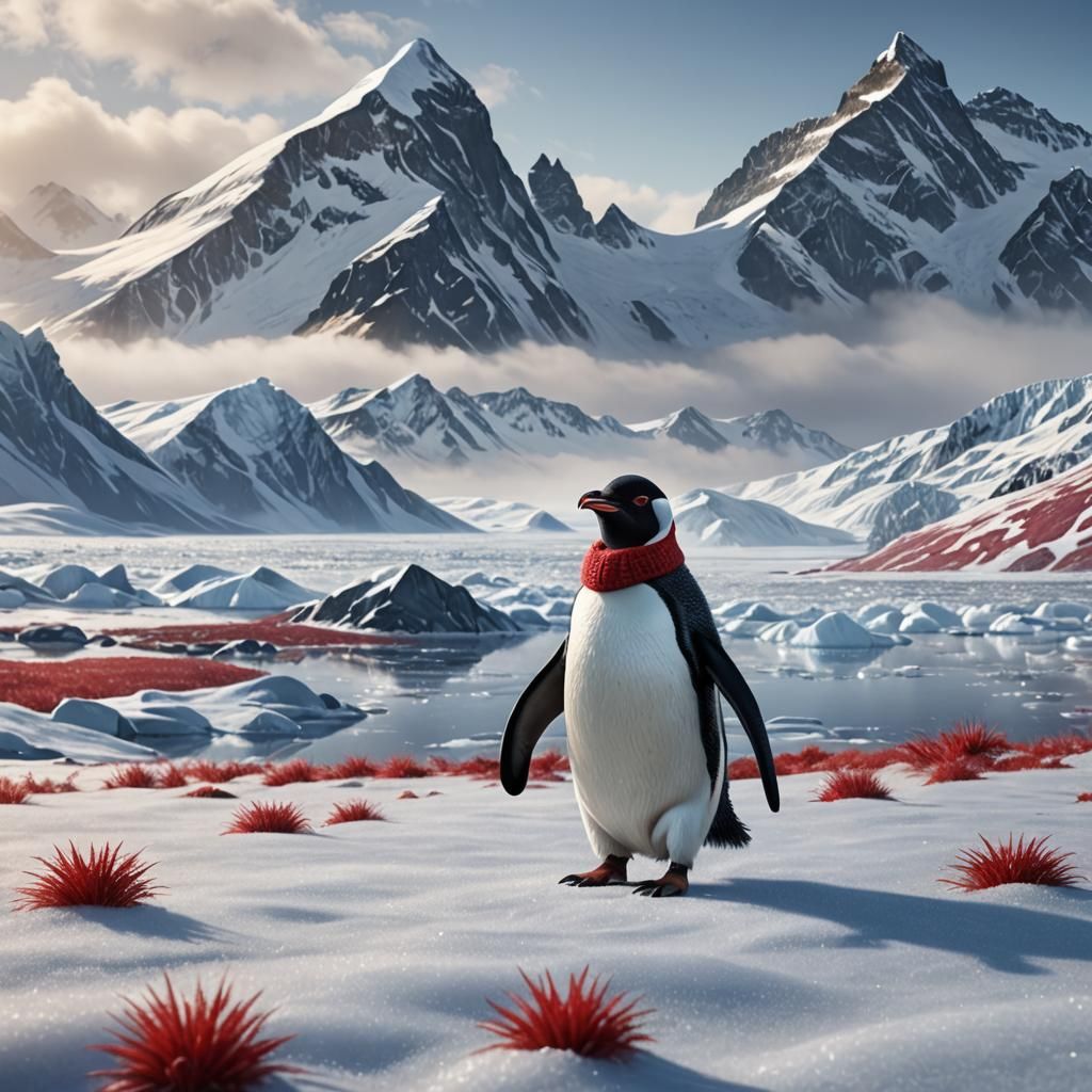 Penguin in Red Hat Walks Antarctic Ice Field
