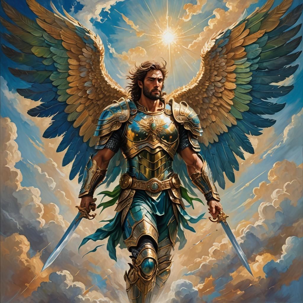Angel Ascending: Vibrant Oil Painting of Mikhael