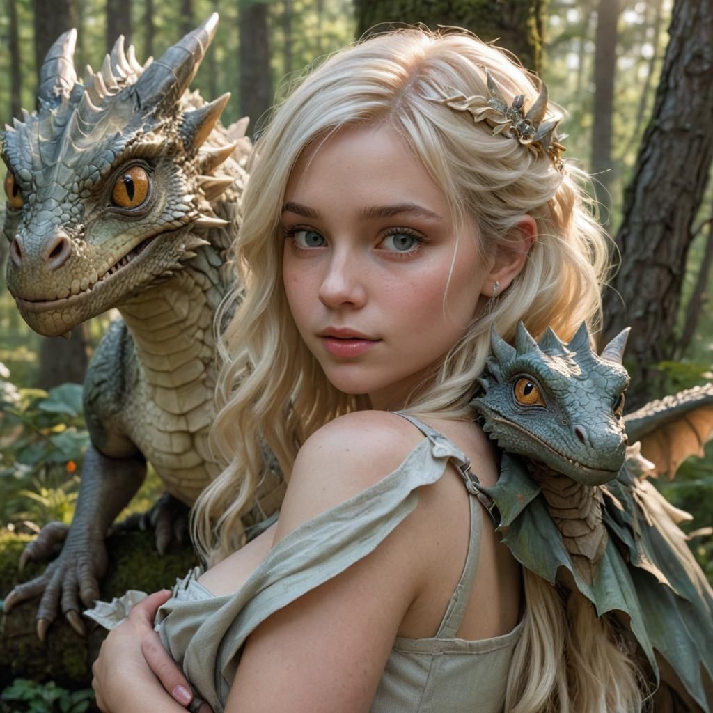 Blonde Girl with Baby Dragon in Realistic Style
