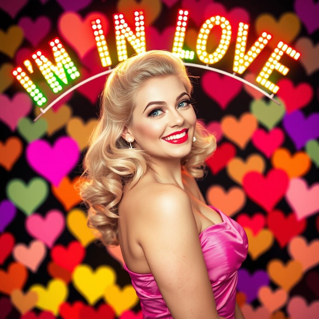 Retro Pin-Up Goddess in a Heart-Themed Wonderland