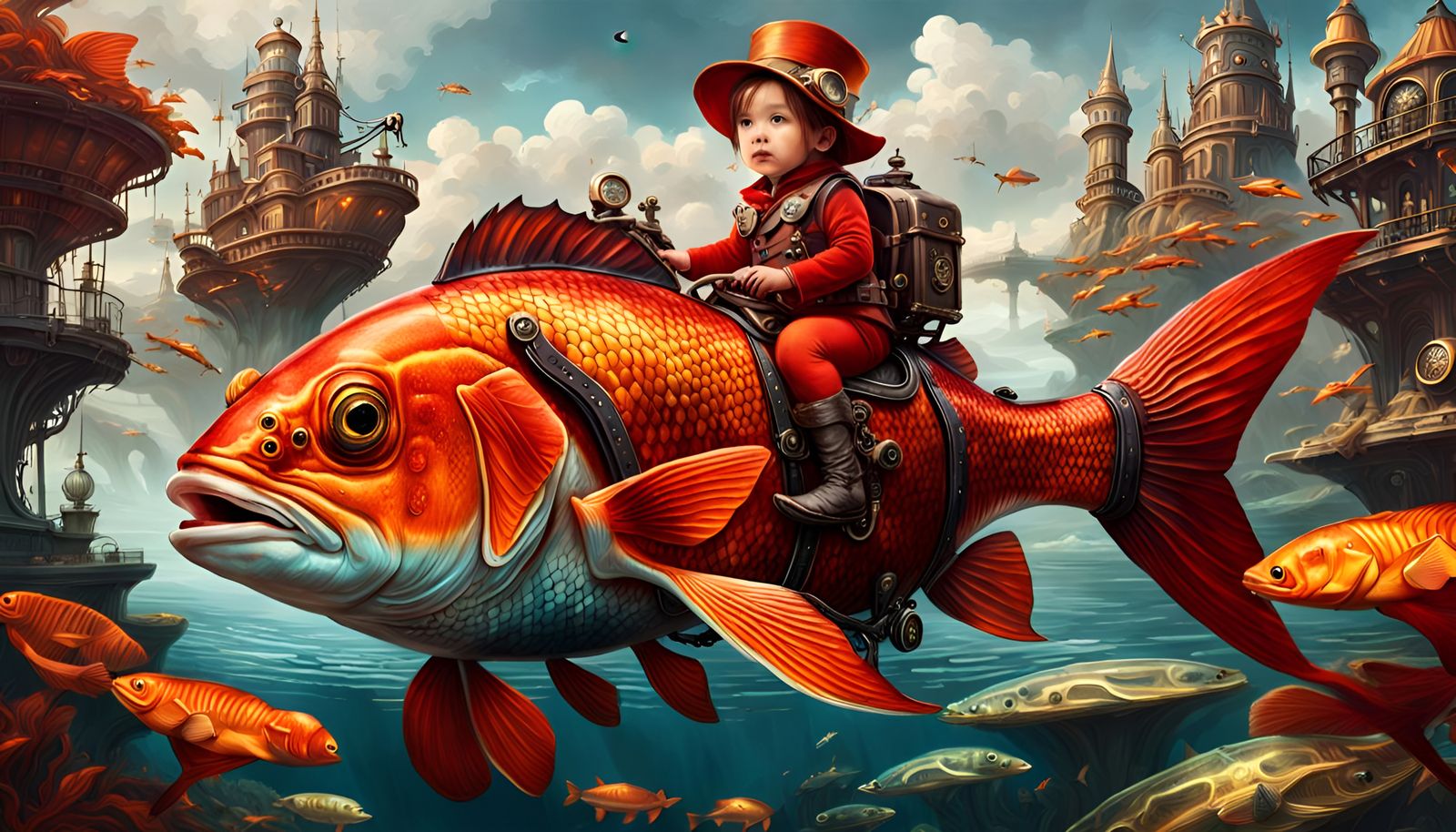 Toddler Rides Orange Fish in Steampunk Style
