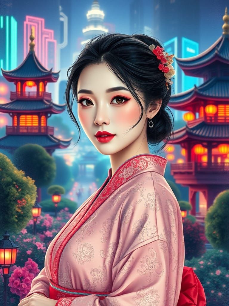 Elegant Ukrainian Woman in Art Nouveau Cityscape