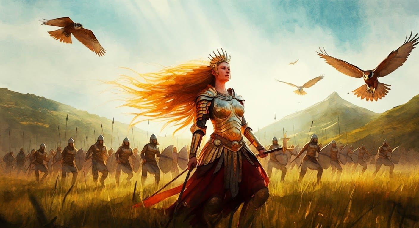 Golden-Haired Warrior Leads Battle in Watercolor Style