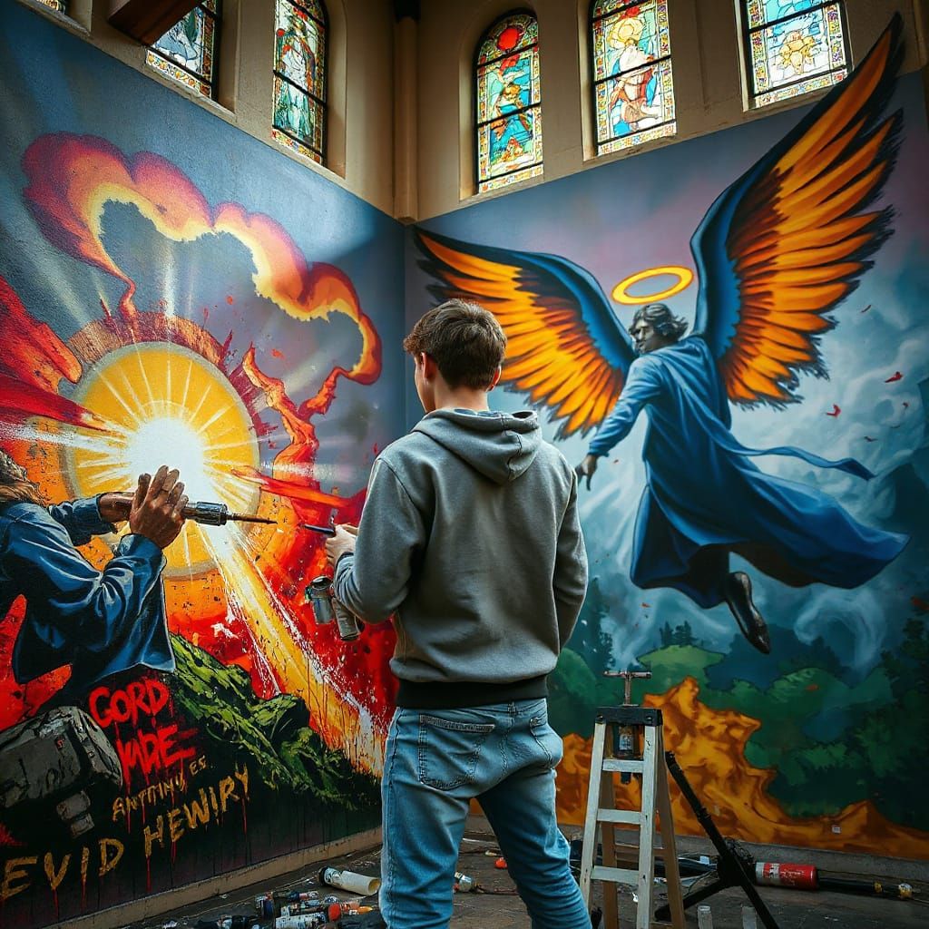 Street Artist Creates Mural of Good Versus Evil