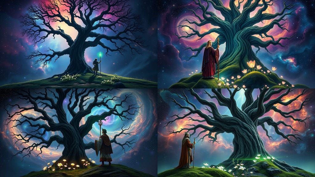 Ancient Tree Silhouetted Against Nebula, Fantasy Art