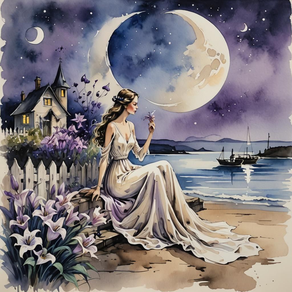 Surreal Seaside Lily Bouquet Watercolor Sketch