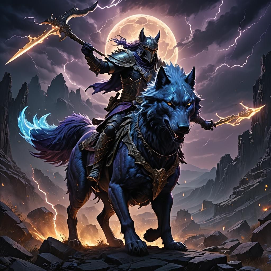 Warrior and Wolf in Dark Fantasy Landscape