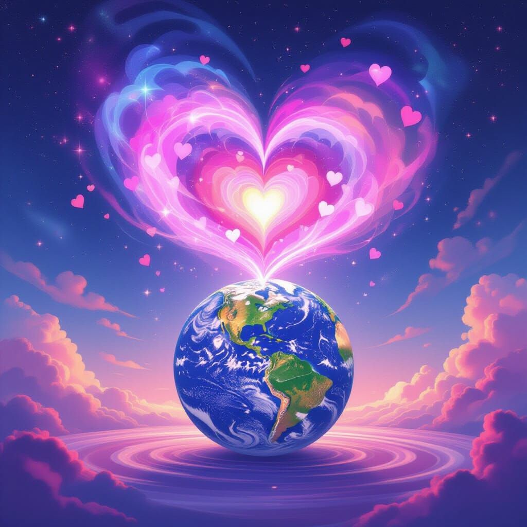 Pink Love Hearts Swirl Over Serene Earth in Ethereal Digital...
