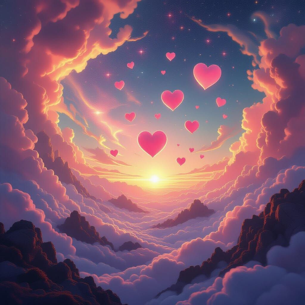Cosmic Vista with Pink Hearts and Ethereal World