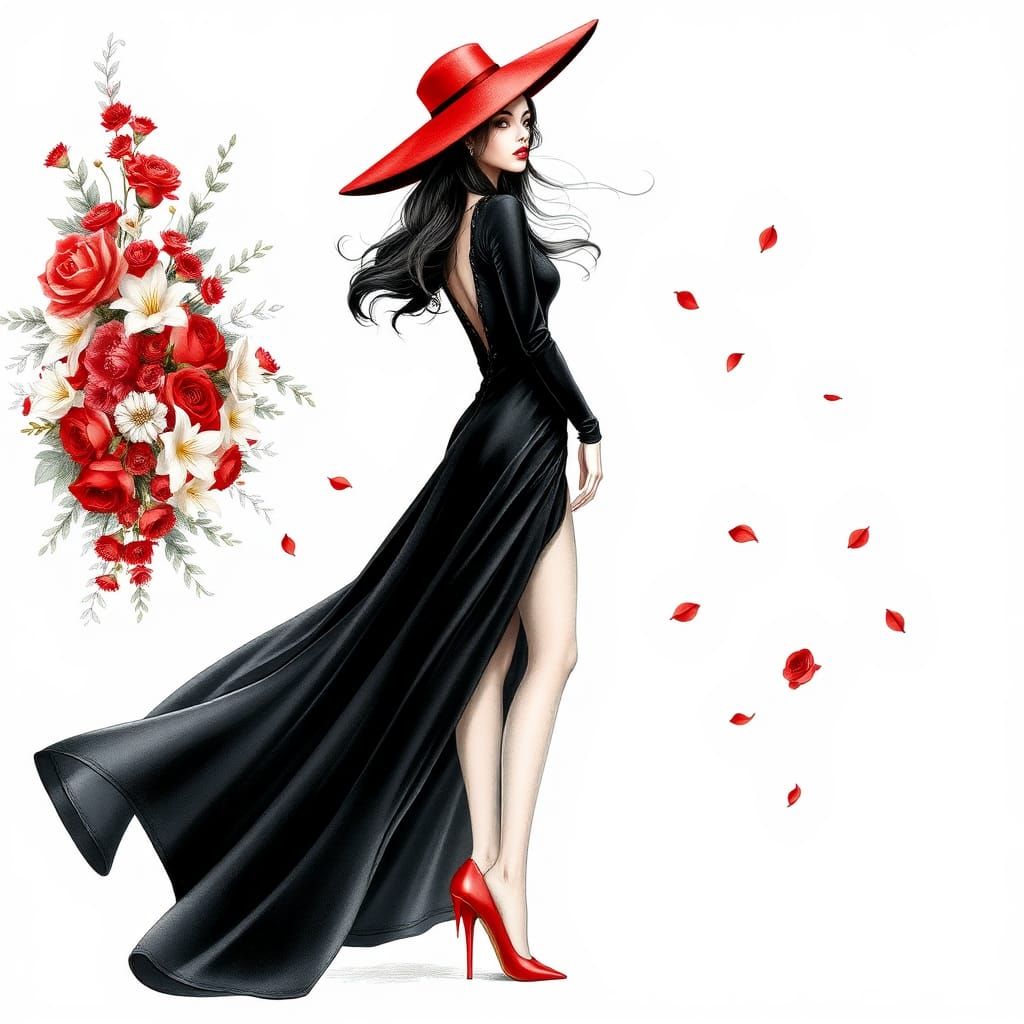Woman in Black Dress and Red Hat Digital Illustration