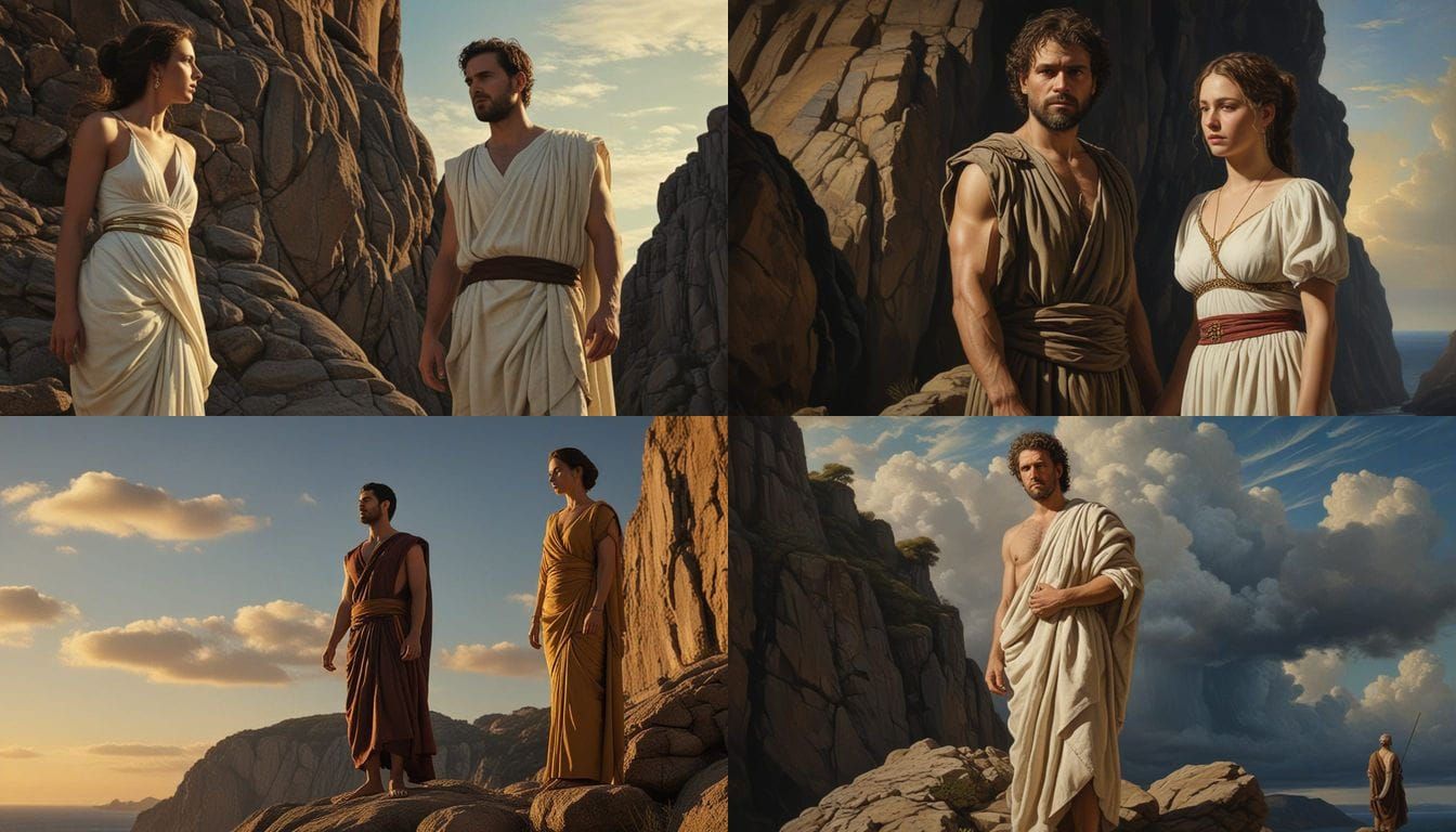 Stoic Man and Woman on Rock, Hyperrealistic Oil Painting