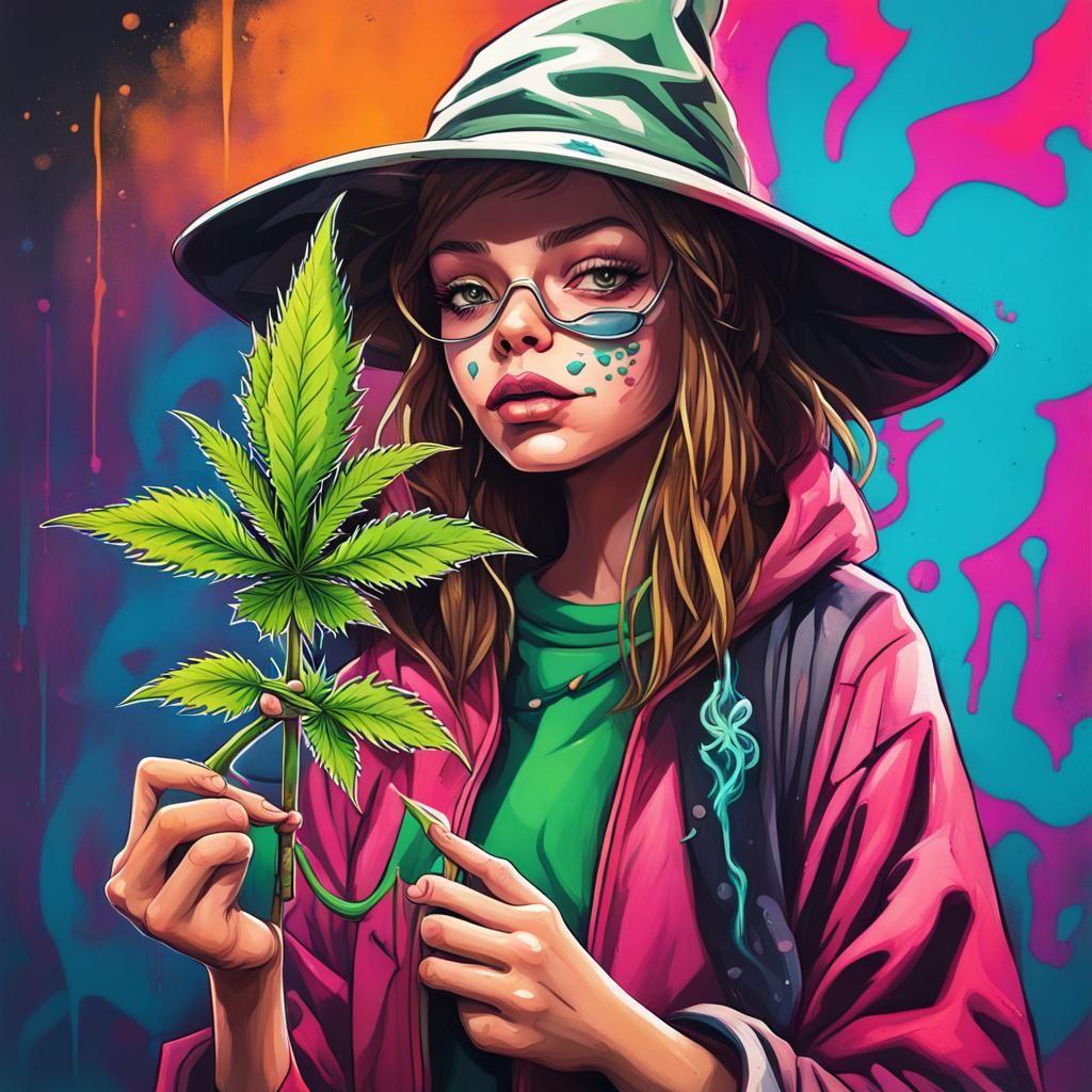 Weed Wizard Girl Graffiti Art with Marijuana Staff