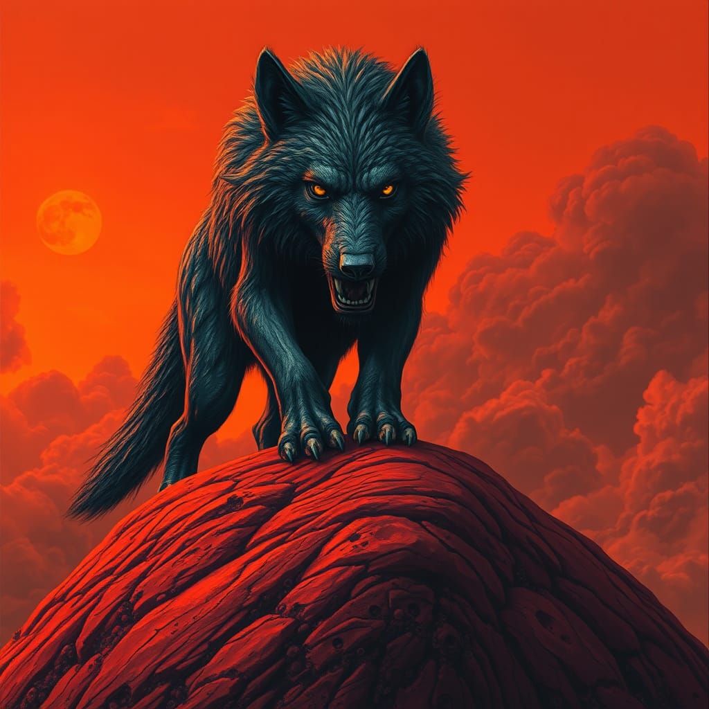 Majestic Werewolf on Crimson Hill in Dark Fantasy Style