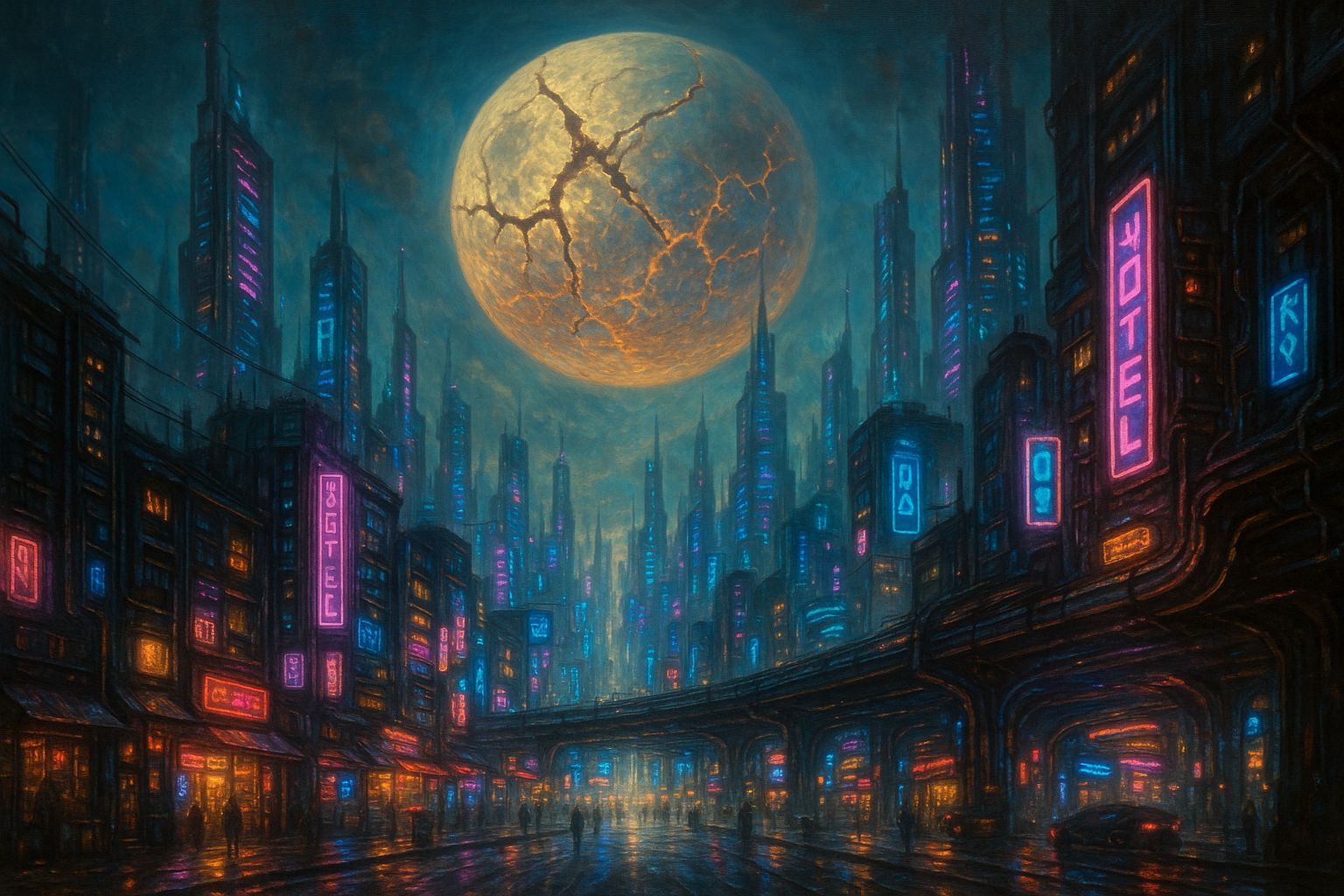 Cyberpunk Cityscape under Broken Moon