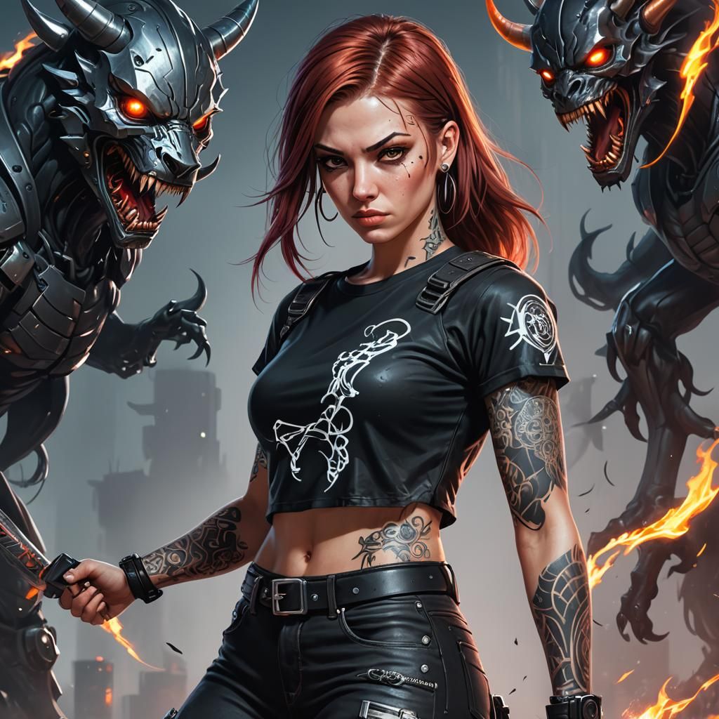 Cyberpunk Woman Fighting Demons in Digital Art