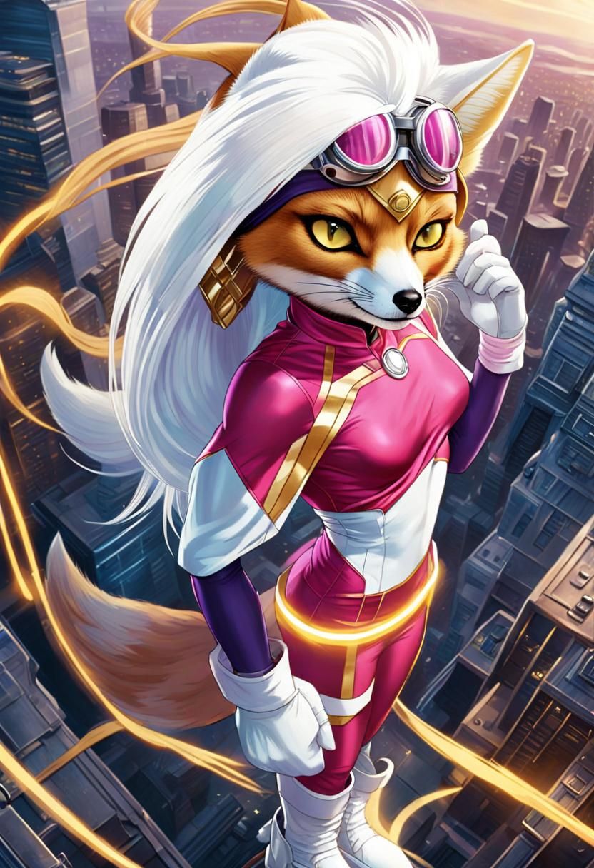 Gigantic Fennec Fox Superheroine in Futuristic City