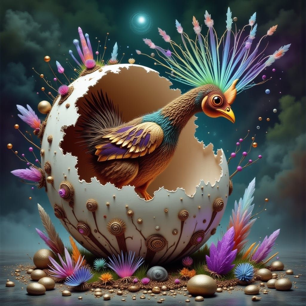 Frilly Lace Chicken Hatching in Dystopian Scene