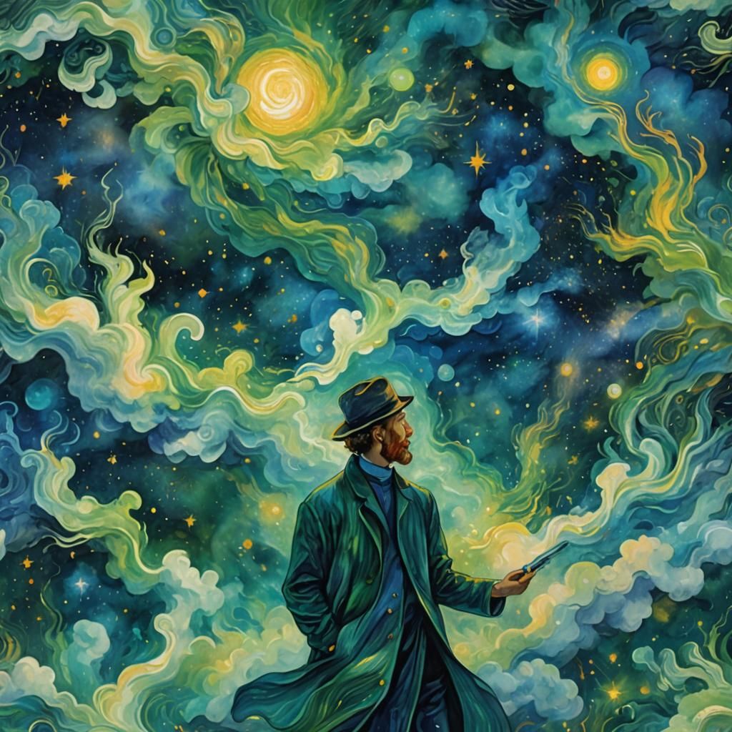 Celestial Dreamscape: Figure in a Van Gogh Sky