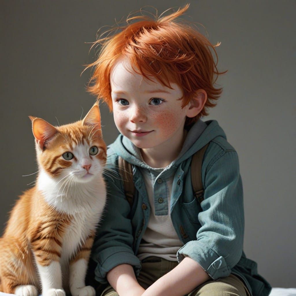 Charming Redheaded Toddler Boy with Ginger Cat in Whimsical ...